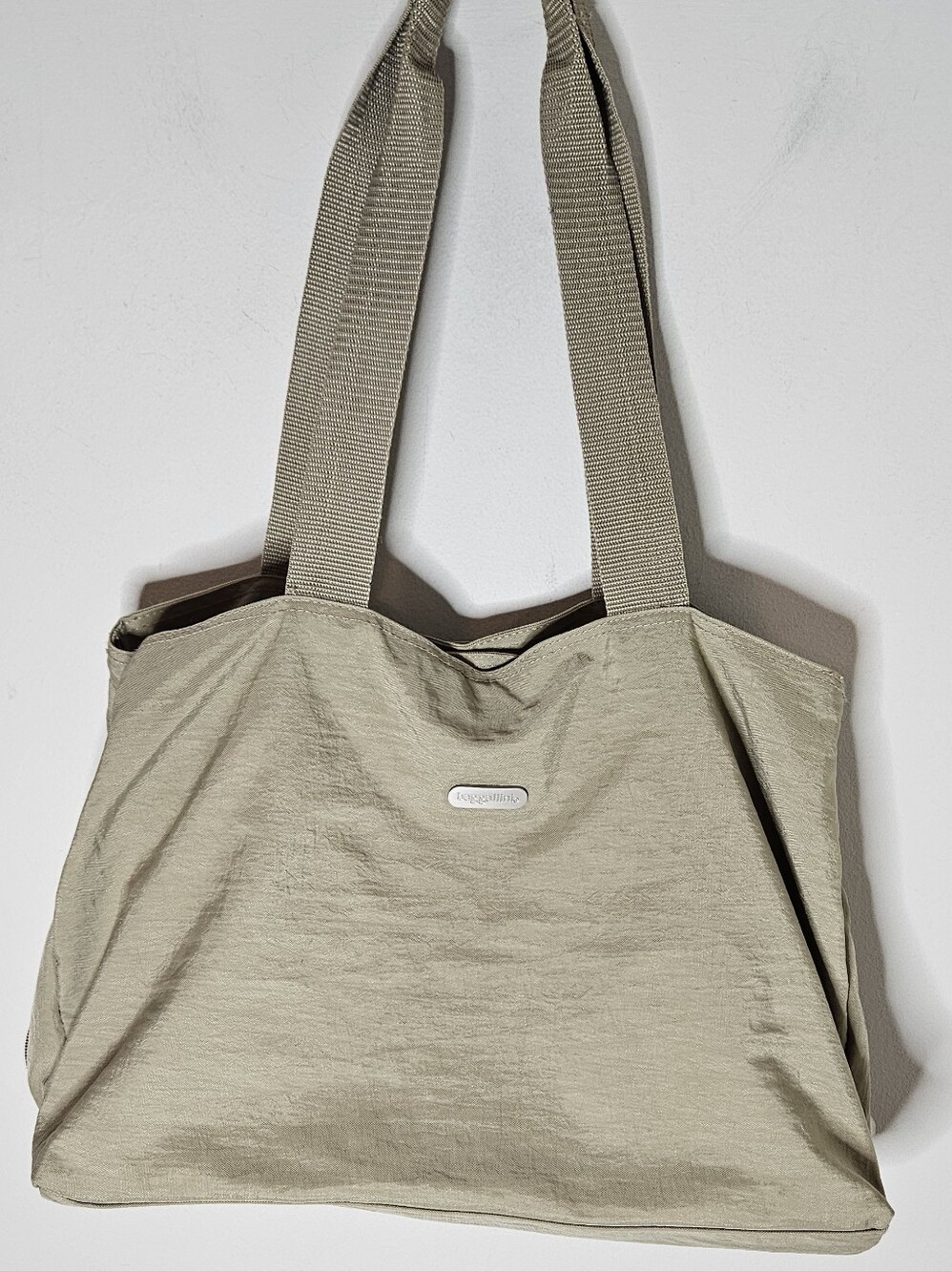 Baggalini Three Compartment Carryall Tote Beige Tan Khaki Orange Lining